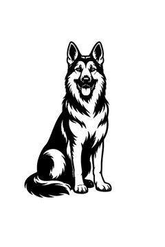 A black and white illustration of a happy dog sitting with its tongue out looking friendly and approachable with a fluffy coat and perked up ears on a plain white background.