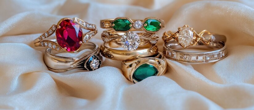 Stacked rings with gemstones on ivory fabric