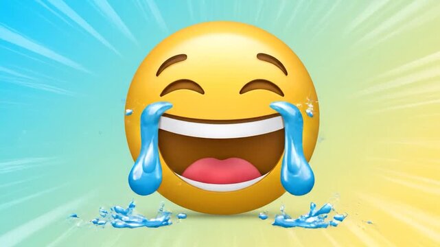 A bright yellow emoji face with tears of joy streaming down its cheeks, expressing extreme laughter and amusement against a vibrant, radiating