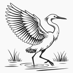 Fototapeta premium Black and white illustration of a heron standing in water with wings spread wide in a natural setting