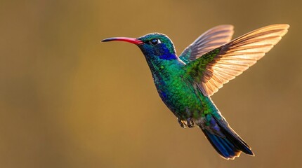 Naklejka premium Emerald Hummingbird in Flight - A Vibrant Display of Natures Beauty Against a Soft Background.