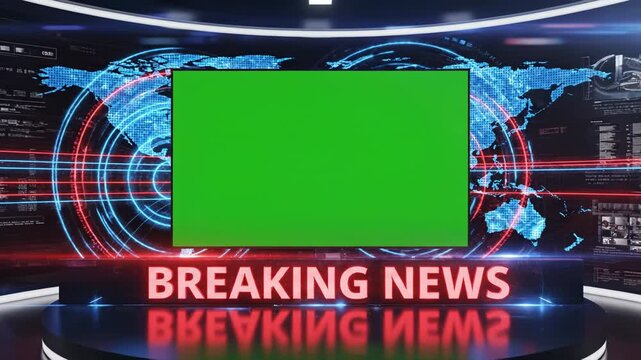 Breaking news studio with green screen display global map background