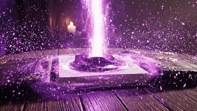 Purple light emanates from book pages.