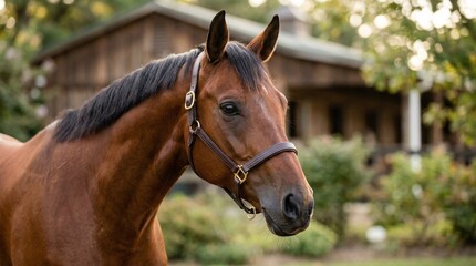 Obraz premium Profile of a bay horse with a dark mane standing in front of a blurred wooden barn. Warm natural lighting perfect for agricultural and equestrian lifestyle advertising.