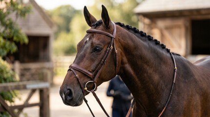Obraz premium Elegant bay horse with braided mane and professional bridle in equestrian farm yard. Horse show preparation and thoroughbred breeding concept. High quality equestrian photography.