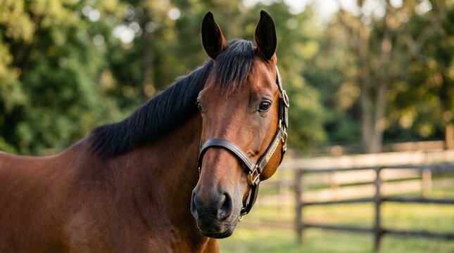 Portrait of bay horse with Caspian nameplate on leather halter in autumn park. Professional equestrian photography and thoroughbred racehorse concept. Elegant dark brown horse outdoors.