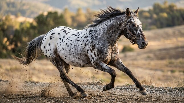 "Grey Appaloosa horse galloping on rocky mountain trail, powerful spotted stallion running in wild landscape at sunset, cinematic action for adventure and equestrian marketing"