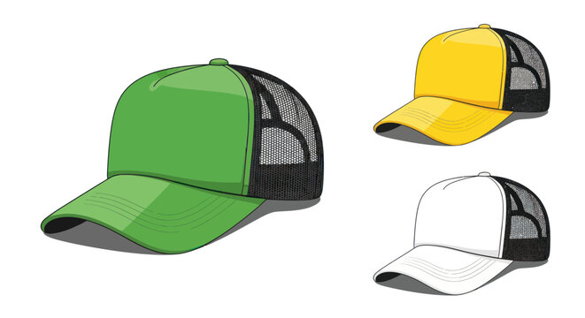 Set of colorful trucker hats: green, yellow, and white