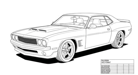 Obraz premium Classic Muscle Car Blueprint Drawing - Vintage Sports Automobile Line Art