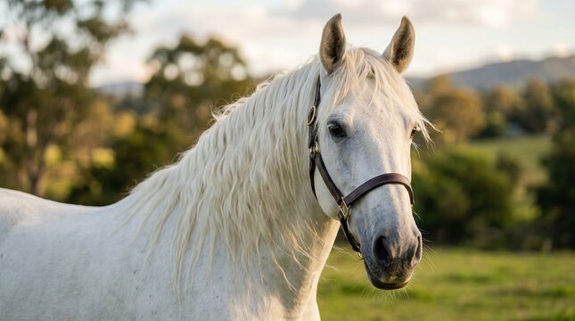 Elegant white horse with long wavy mane in a sunny field. Purebred stallion portrait, equestrian lifestyle, farm nature beauty, rural landscape and animal power concept.