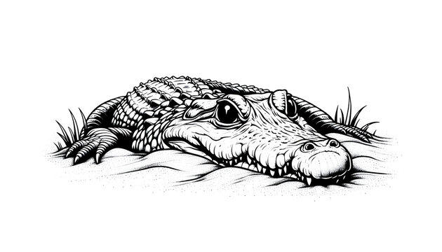 An illustration of a realistic crocodile partially buried in sand with only the top of its body, eyes, and snout visible, unique hiding pose