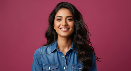 Fototapeta premium Confident Young Indian Woman Smiling Brightly in Denim