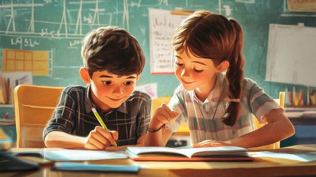 Schoolgirl helping her classmate with a lesson, pointing at his notebook, engaged in a learning activity