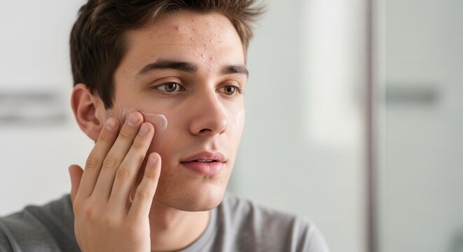 Young man applying acne treatment cream on face looking in mirror for skincare routine. Teenage boy using medical lotion to treat pimples and skin problems for clear dermatological health.
