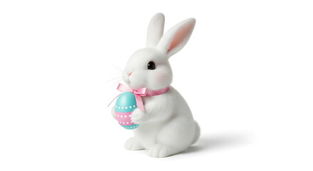 Obraz premium Easter bunny, white ceramic rabbit, pink bow, holding blue egg, decorative figurine