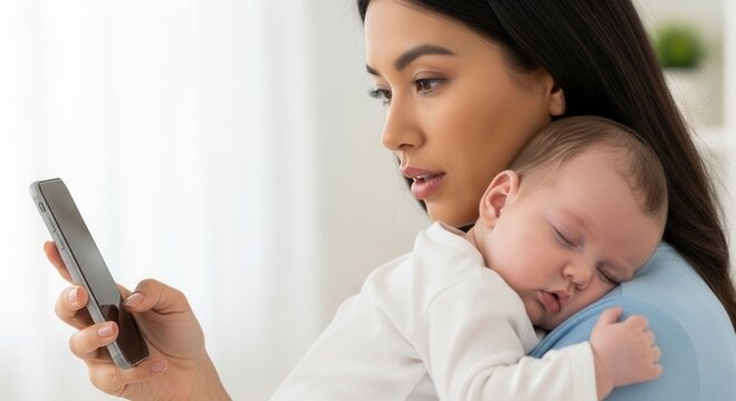 Young asian mother holding sleeping newborn baby while using smartphone at home. Modern motherhood, multitasking parent, mobile app for moms and family lifestyle concept photography.