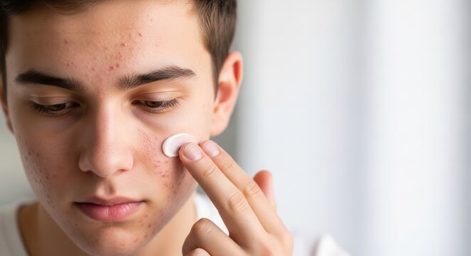 Teen boy applying medical acne cream on face skin problems treatment. Young man using spot ointment for pimples and dermatology care. Adolescent skincare and male beauty routine.