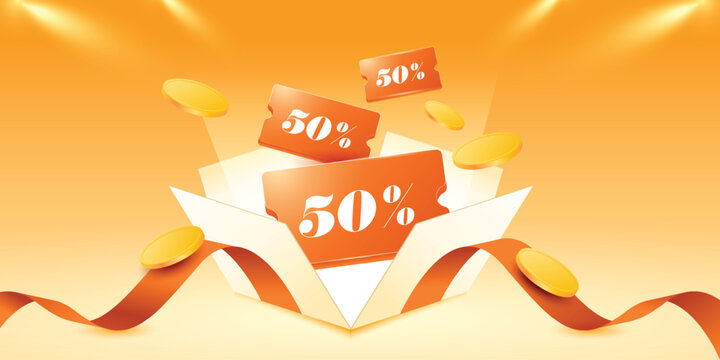 3d open gift box with voucher. Elegant orange coupon design pop up from opened box.