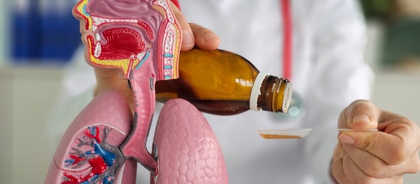 Doctor and medicines cough syrup and for lungs. Expectorants for sputum removal