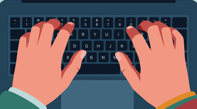 Hands typing on laptop keyboard in close up home office