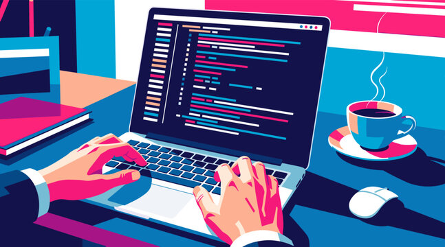 Hands typing code on laptop at desk with coffee