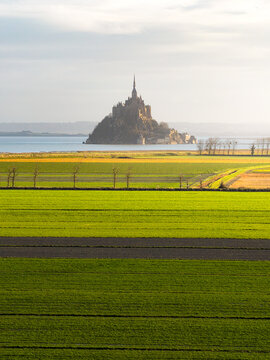Aerial view of Mont Saint-Michel abbey on its tidal island across vibrant green agricultural fields under a soft morning light in Mont Saint-Michel, Normandy, France.