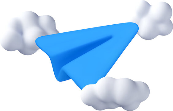 3D Blue paper plane flying among white clouds