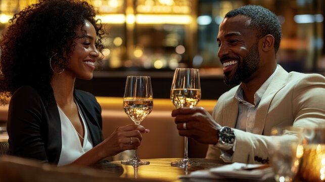 Romantic couple toasting with wine glasses at an elegant restaurant, celebrating a special evening