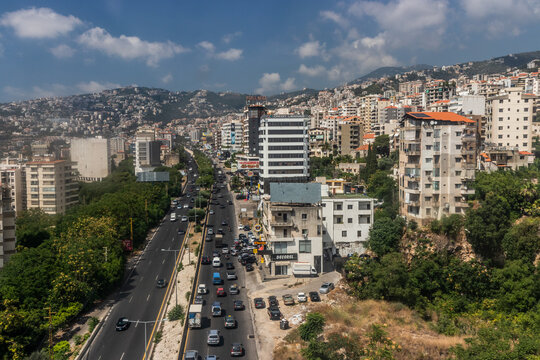 JOUNIEH, LEBANON - JULY 22, 2022: Aerial view of Jounieh town, Lebanon
