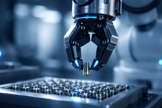 Industrial robotic arm gripper picking a small metal component from an assembly tray, highlighting precision automation, smart factory production and AI driven manufacturing technology