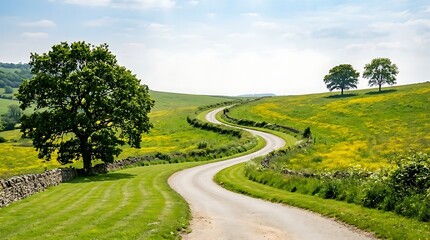 Fototapeta premium Winding road through green hills and fields with trees on a sunny day in countryside landscape