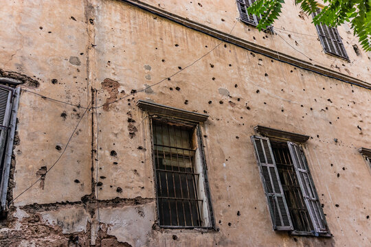 Bullet holes covered house in Beirut, Lebanon