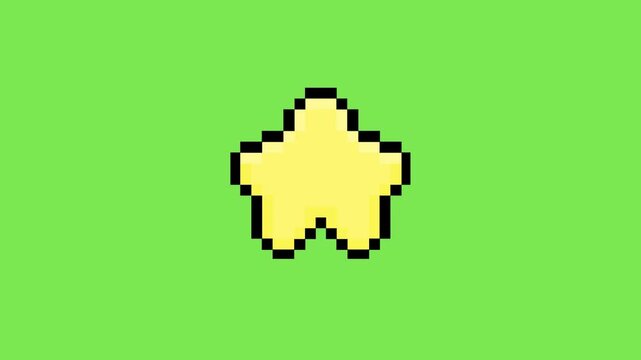 Charming bright yellow pixel art star graphic, a simple digital design element ideal for retro game themes, achievement badges, or playful accents