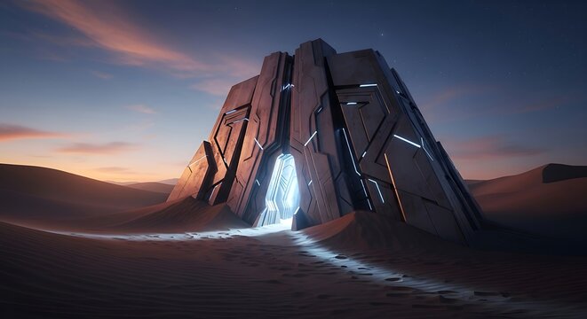 Alien pyramid structure in desert at dusk, futuristic sci-fi concept