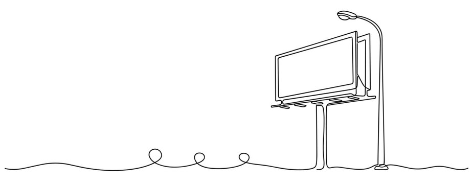 Outdoor billboard mounted beside streetlamp in continuous line drawing. No editable stroke