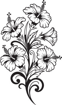 Black and white floral vector, hibiscus flower illustration, decorative plant design, line art botanical