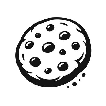 A black and white illustration of a chocolate chip cookie with a bite taken out on a white background