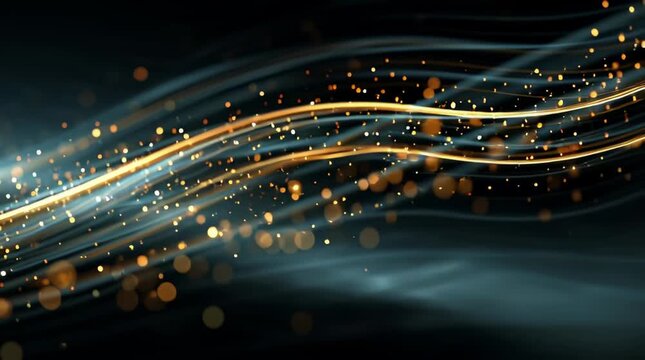 An abstract background of glowing colorful light lines and futuristic wave patterns flows through dark space with bright energy and motion in this vector illustration design