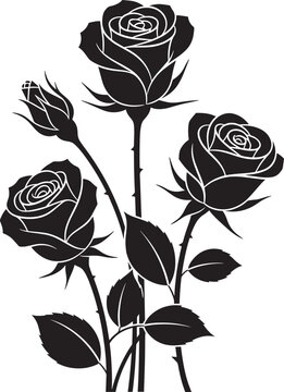 Black rose silhouette vector illustration, elegant floral bouquet with blooming roses and buds, botanical garden flower stencil for wedding decor