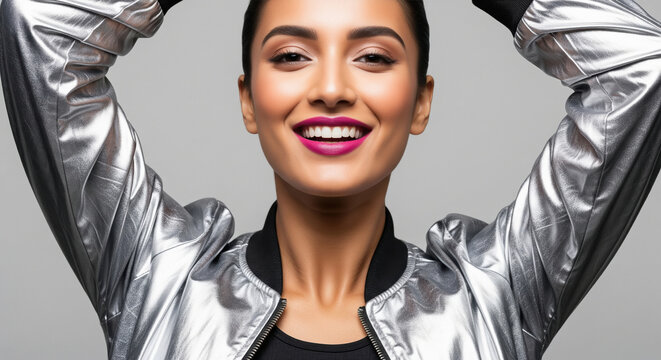 A confident woman with magenta lips smiles in a silver jacket