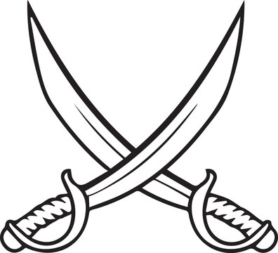 Crossed scimitar swords vector illustration, pirate cutlass sabre icon with curved blades, traditional middle eastern weapon line art
