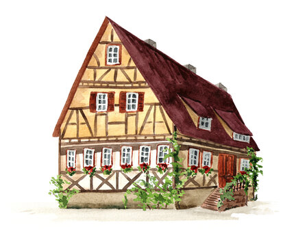Traditional German wooden Bavarian half-timbered  house. Hand drawn watercolor illustration isolated on white background