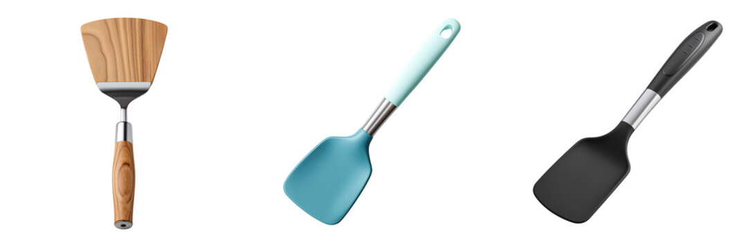 Wooden handled spatula and two silicone spatulas in teal and black isolated on a transparent background