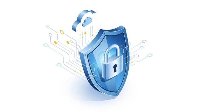 Digital security shield with padlock icon.