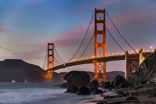 Golden Gate Bridge, Marshall's beach, night, rocky coast, San Francisco, USA