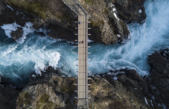 Aerial view, bridge and raging river Hv&iacute;t&aacute; from above, near the Hraunfossar waterfalls, West Island, Iceland
