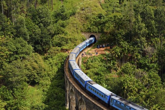 Train on the Nine Arches Bridge in the highlands near Ella, Sri Lanka