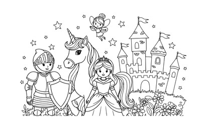 Fairy tales coloring page for kids with princess castle dragon and magical fantasy elements © Mithun