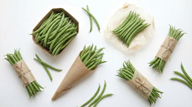 Raw green string beans displayed in sustainable paper cones and cardboard packaging on white