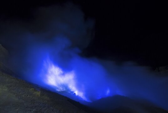 Vulcano Kawah Ijen, blue fire in volcano crater, volcanic complex Ijen, Eastern Java, Java, Indonesia